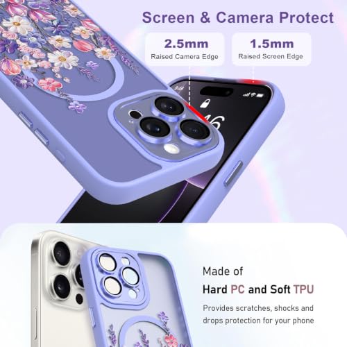 Image of Magnetic for iPhone 16 Pro Max Case with for Women, Purple Floral | Cute Oil Painting Flower Pattern Design [Compatible with MagSafe] [Full Camera Protection] Translucent Slim Shockproof Cover