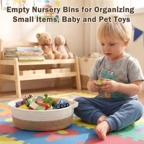 Image of Basket for Gifts Empty, Small Woven Basket with Bags and Ribbons, Baby Toy Baskets with Handles, Wicker Storage Bin for Baby Showers or Pet Toy (White & Brown, 1 Pack (12 inchx 8 inchx 3.74 inch))