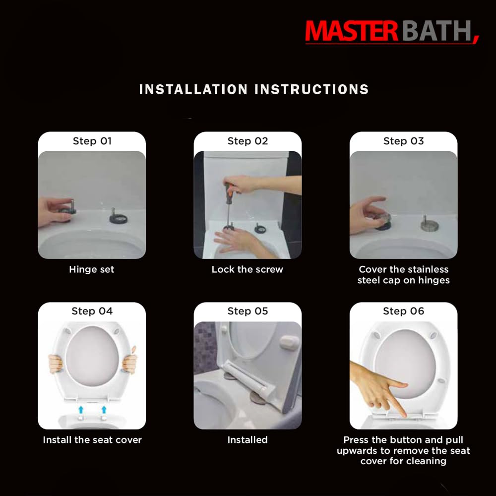 MASTER BATH MB743 QQ Toilet Seat Cover, Soft Close Toilet Seat 35cm x 44cm, Rectangle Shape for Western Commode, Toilet Seat Cover with Top Fixing Steel Hinges 4