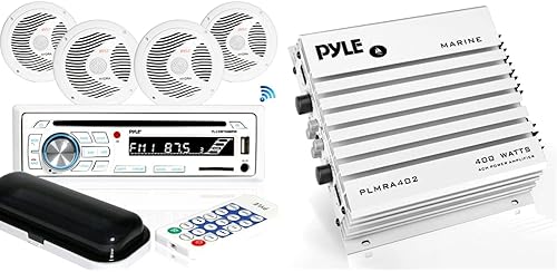 Pyle Kit de altavoz receptor estéreo marino + paquete de amplificador marino Hydra