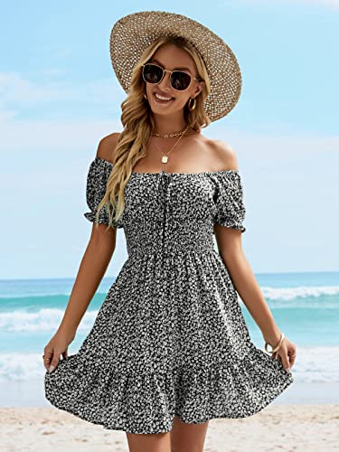 Image of Womens Babydoll Mini Dress Casual Square Neck Short Sleeve Summer Dresses | Empire Waist, Smocked, Flowy, Short Beach Dress, Vacation, Floral, Boho