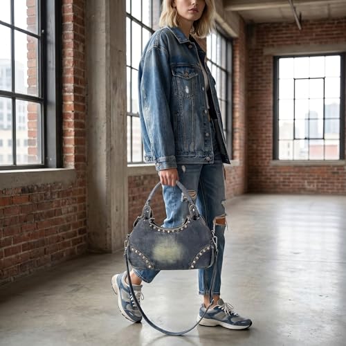 Image of Fashion Crossbody Bag Denim Purse with Rhinestones Y2K Jean Handbag for Women | Washed Denim
