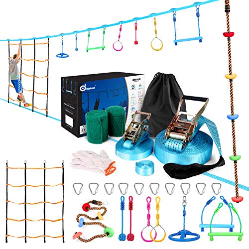 Odoland 2X50ft Ninja Warrior Obstacle Course for Kids with 9 Ninja Slackline Accessories Like