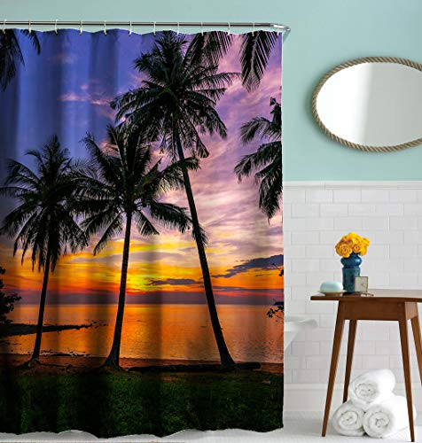 Goodbath Beach Palm Leaves Waterproof Polyester Fabric Bathroom Shower Curtain Set with Hooks, 72 x 78 Inch, Dark Green Orange Blue Purple
