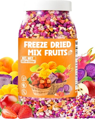 8.82oz Freeze Dried Mixed Fruit Snacks, Sweetened Crunchy Fruit Bites with Strawberry, Mango, Apple, Peach, Dragon Fruit & Purple Sweet Potato, for Yogurt, Smoothies, Baking and Snacking(250g)
