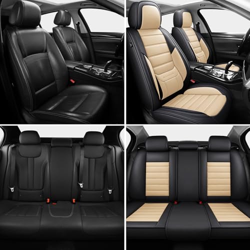 Image of MINGBRON Car Seat Covers Full Set, Brown Car Seat Cover Lumbar Support, Car Seat Protector Waterproof, Nappa Leather Car Seat Cushion, Front Seats and Back Fit for Most Cars Beige