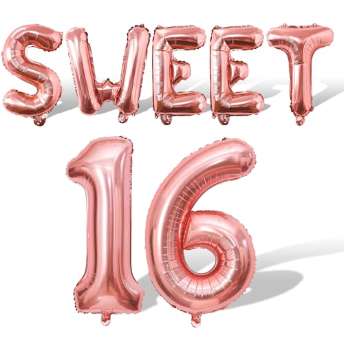 Image of Rose Gold Pink Sweet 16 Party Balloons Decorations - 40inch Number 16 Balloons Happy 16th Birthday Sweet Sixteen Party Decorations for Girls Anniversary Events Supplies