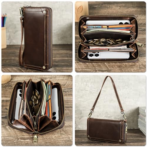 Image of Top Grain Genuine Oiled Leather Clutch Wallet for Man & Woman, Handmade Vintage Design, Multi Pockets & Slots & Detachable Wristlets, RFID Large Capacity for Cards /Checks /Money /Passport, Red Coffee