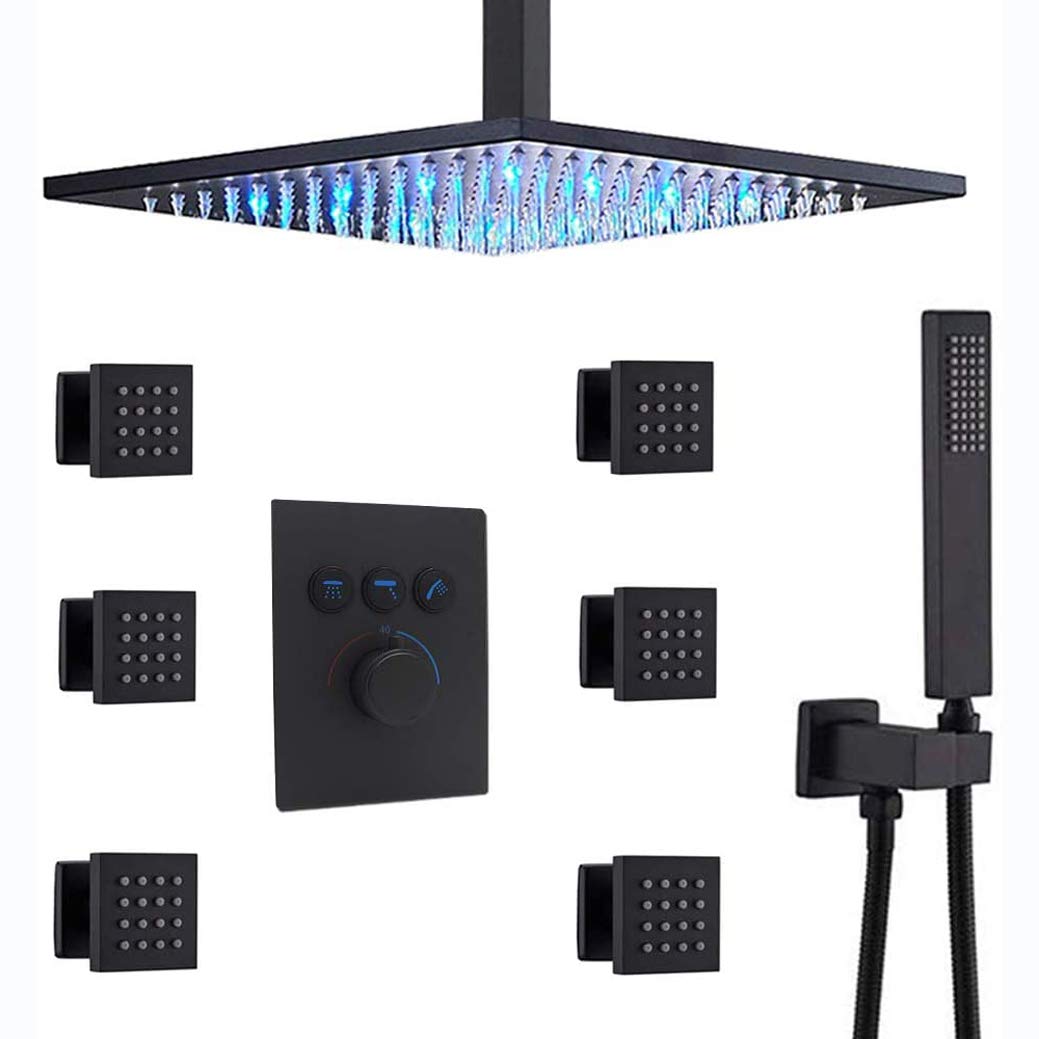 OZBMA Luxury Matte Black Shower System, 10-12 Inch LED Rain Head Combo with Body Jets & Handheld, Brass Thermostatic Bathroom Set for Ultimate Relaxation (A 10 Inch)