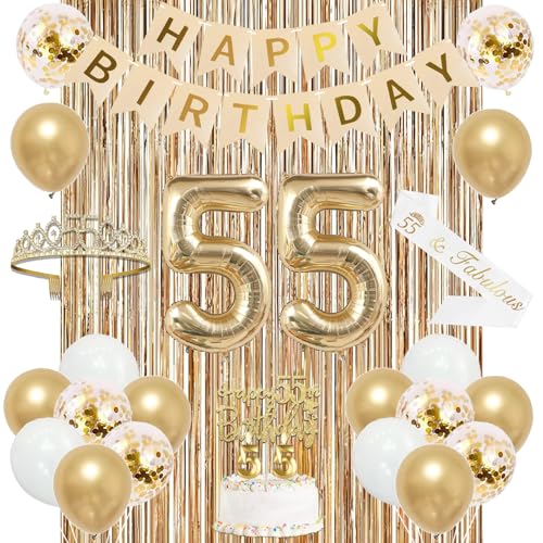 Image of Trgowaul 55th Birthday Decorations for Women, Banner, Sash and Crown, Cake Topper, 55 Number Balloon, Fringe Curtains, Champagne Gold 55th Birthday Party Supplies