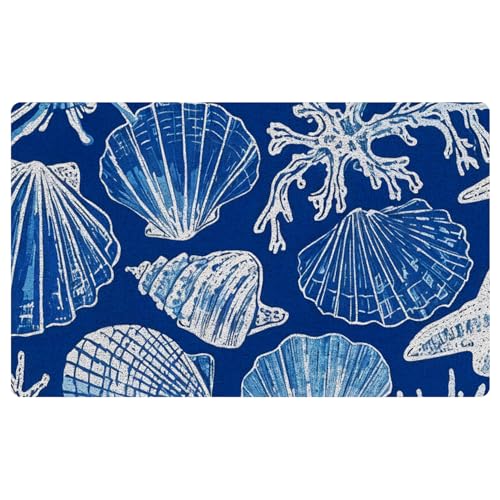 URLLUAE Coastal Beach Door Mat, Blue Ocean Coral Shell Starfish Welcome Mats Doormat for Front Door Porch Indoor Outdoor Entrance Entryway, Beach Themed Bath Mat, 17x30 Inch