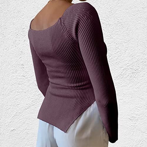 Image of Women's Square Neck Ribbed Knitted Sweater Long Sleeve Crop Slim Fitted Basic Pullover Tops