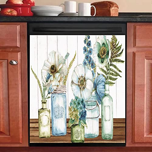 Kitchen Decorative Dishwasher Magnet Cover Oil Flower Decal For Refrigerator Vintage Wood Fridge Magnetic Sticker,Floral Dishwasher Door Cover Vinyl Panel For Home Appliance Decor 23"X26" #TOP1