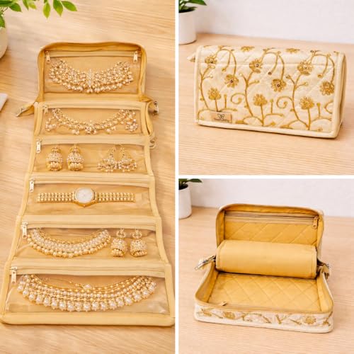Image of Trendifly Embroidery Sling Jewellery Organiser Storage Bag Pouch for Women & Girls | Bank Locker Jewelry Organizer | Earring Necklace Bangles Organiser for Travel & Gifting (Cream)