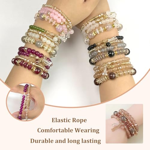 APMGONT Boho Kristall Perlen Armband, 4 Stück Boho Quaste Armbänder für Damen, Natürliches Kristall Heilsteine Armband, Statement Armreifen für Weihnachten, Valentinstag, Geburtstag (Beige)