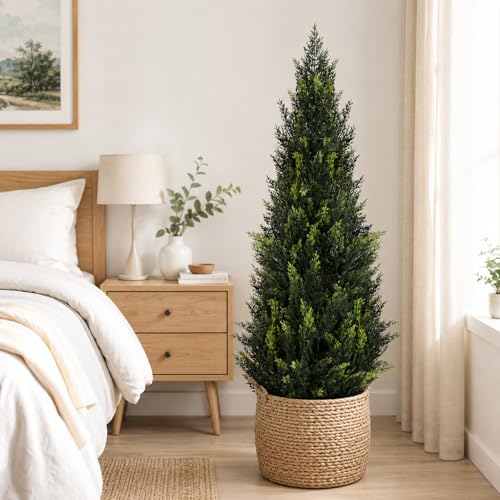 Image of Artificial Cedar Topiary Trees, 3 FT UV Resistant Faux Boxwood Plants,Front Porch Decorations Outdoor,Realistic Evergreen Cypress for Patio Decor Set of 2