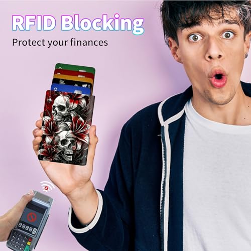 RFID Blocking Card Holder Wallet Billeteras de Hombres, Pop Up Minimalist Wallet for Men Women, Large Capacity Smart Wallet fit Money, ID Card, Driver's License, Saffron Skull3