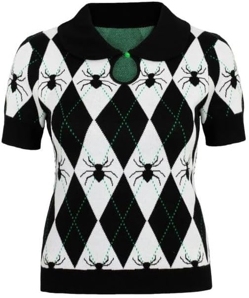 Hell Bunny Natasha Top Knitted Gothic Spider Argyle Print Jumper T-Shirt