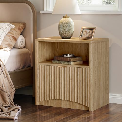 Image of Evermagin Fluted Nightstand Set of 2, Natural Oak Bedside Table with Drawer and Storage, Wood End Table Mid Century Modern, Large Night Stand for Bedroom