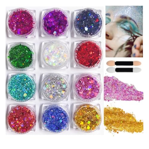 GBZW 12 Colors Body Glitter, Face Glitter, Glitter Makeup, Holiday Party Makeup, Suitable for Body, Hair, Eyeshadow, Nails, Includes 2 Makeup Brushes