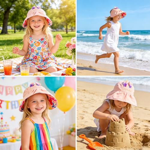 Image of SNOWIE SOFT Wide Brim Sun Hat for Kids Girls with Neck Flap Shawl, UPF 50+ Adjustable Chin Strap Sun Protection Hat for Girls 2-10 Years Old, Summer Breathable Sun Visor Hat Windproof Beach Hat