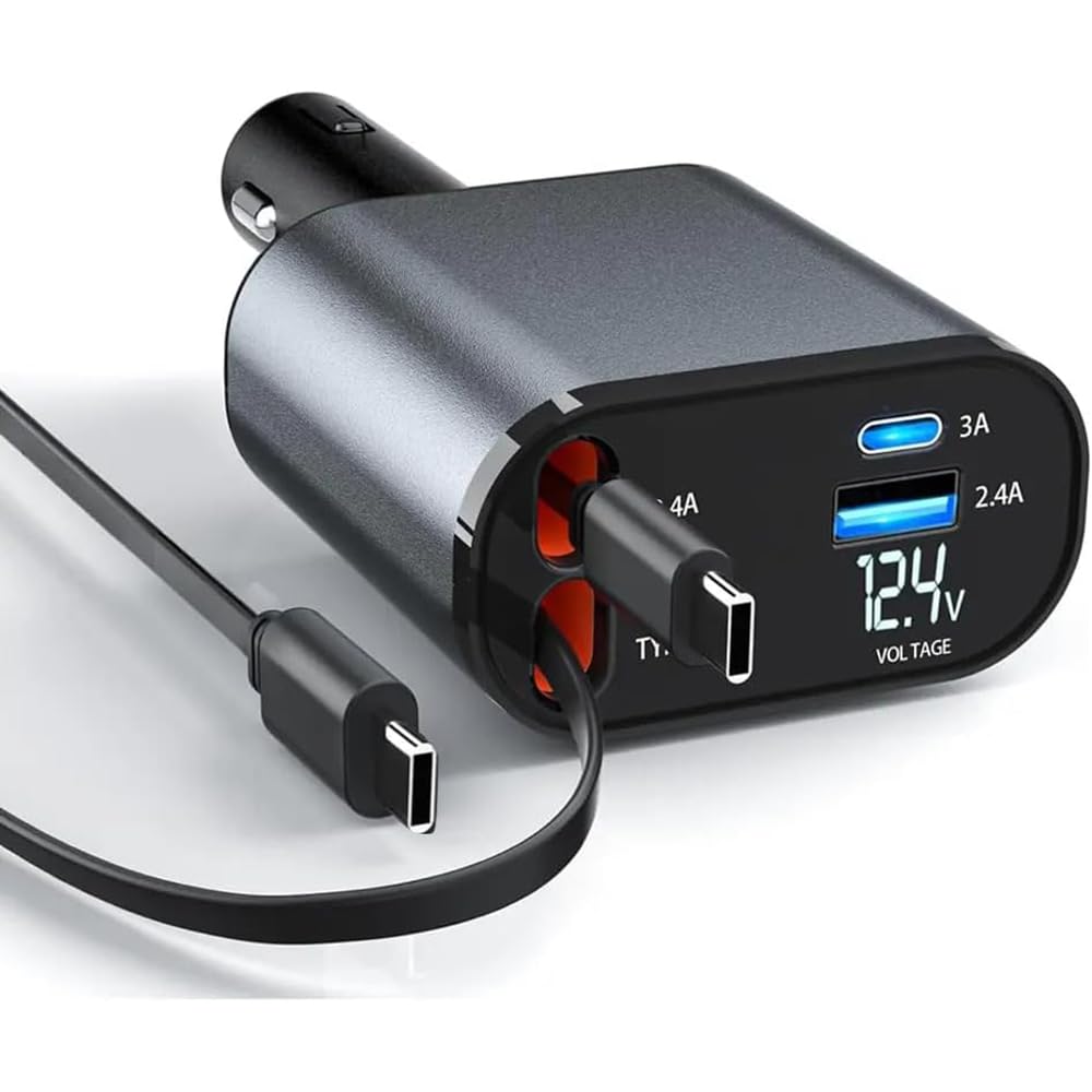 JANVITHA 4-in-1 Retractable Car Charger, 120W Fast Charging, Dual Type-C Cables (2.6ft) for iPhone 11/12/13/14/15, ipad, Samsung Galaxy S22/S23, Compatible with Apple & Android Devices-image-43