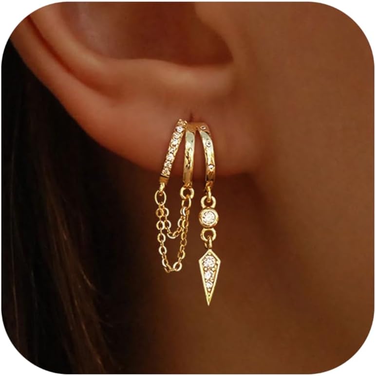 Dangle Earrings For Women, Dainty Gold Drop Statement Earrings 14K Gold Plated Long Huggie Earrings for Women Trendy Hypoallergenic Dangly Earrings Small Triple Hoops Earrings Fashion Jewelry