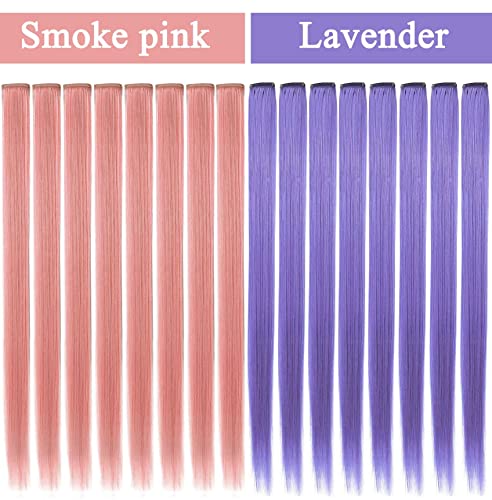Huanling 16 Pcs Colored Hair Extensions 21 Inch Colored Heat-Resistant Synthetic Straight Multicolor Hairpieces Clip In Halloween Party Highlights Hair Accessories For Kids And Girls(Light Pink +Lavender) #TOP1