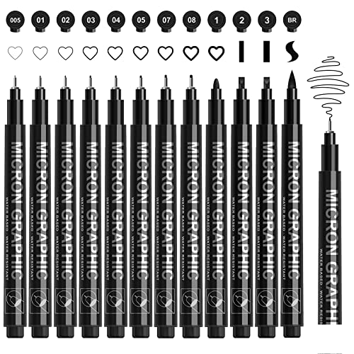 SAKEYR Black Fineliner Pens, 12 Pack Drawing Set for Artist, Waterproof & No Bleed Through for Technical Drawing, Sketching, Writing, Illustrations. Art Pens Used in Watercolour Line