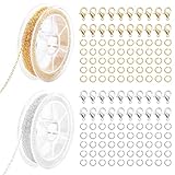 Lote de 2 rollos de cadena de acero inoxidable 5 m + 40 cierres + 100 anillos de apertura de 1,5 mm, kit completo DIY joyas pulseras collares (dorado y plateado)