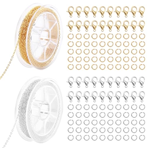 Lote De 2 Rollos De Cadena De Acero Inoxidable 5 M 40 Cierres 100 Anillos De Apertura De 1,5 Mm, Kit Completo Diy Joyas Pulseras Collares Dorado Y Plateado