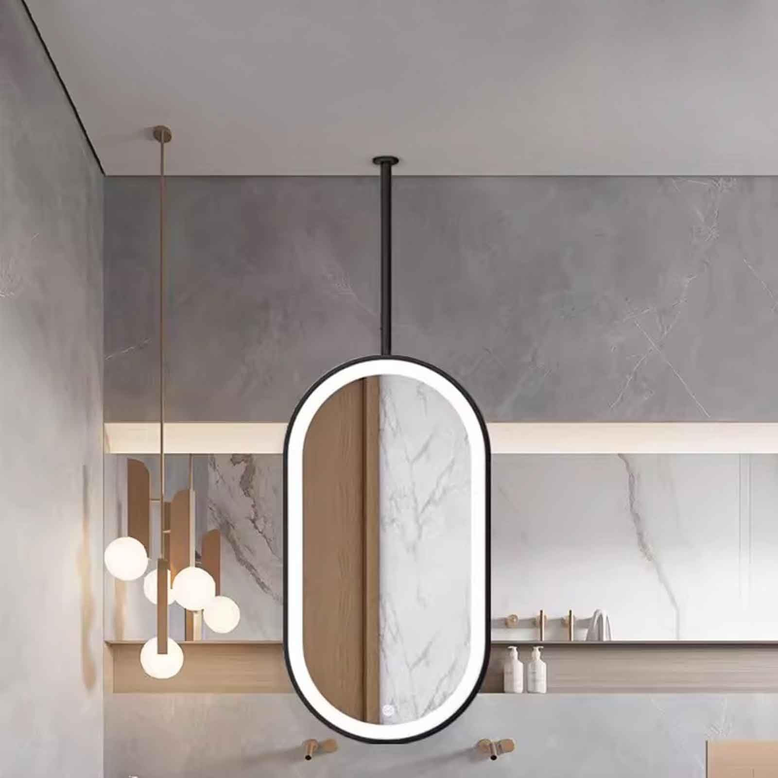 FGXHHS Black Oval LED Suspended, Ceiling Mounted Makeup Mirror - 3 Color Temperature Dimmable Light(40cmx70cm)