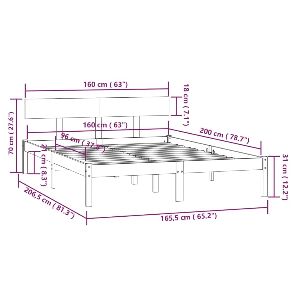 Marco de cama sin colchón de madera maciza (160 x 200 cm, cama de plataforma con soporte de listones de montaje fácil para dormitorio, adultos -C