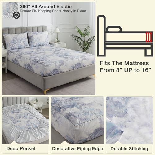Image of Shabby Blue Floral Chic Percale Sheets King Size, 100% Cotton White Flower Deep Pocket Sheet Set, Abstract Aesthetic Soft Toile Bed Sheets, Luxury Vintage Cottage Core Bedding Sets, 4Pcs