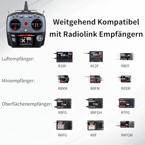 Radiolink T16D 16-Kanal RC Fernsteuerung mit R16F Telemetrie Empfänger Set, 4000m Reichweite, 100 Modellspeicher, 2,4GHz Sender für Futterboot Auto FPV Drohne Panzer Raupenfahrzeug (Mode 2)