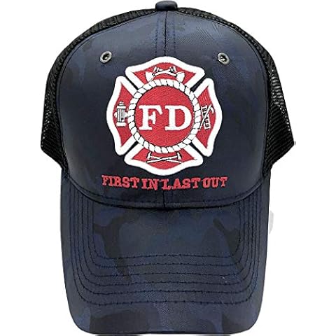 Fire Department - First in Last Out Fireman Officer Gear Uniform Baseball Cap Hat Adjustable, Navy Camo With Mesh Back, One size Cover