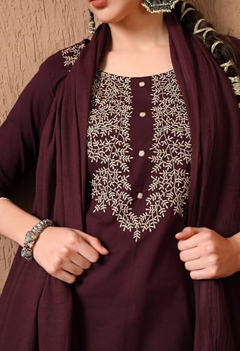 Image of Amazon Brand - Tavasya Women Cotton Anarkali Kurta Pant Dupatta Set | Printed Ethnic Suit Set | Flared Anarkali Kurta with Pant & Dupatta | Festive & Casual Wear