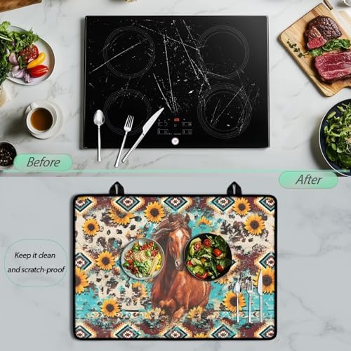 Image of Electric Stove Top Covers Heat Resistant Glass Ceramic Cooktop Cover Mat Multipurpose Kitchen Scratch Resistant Flat Top Stove Cover, 29 x 21 Inch, Horse Sunflower Aztec Print