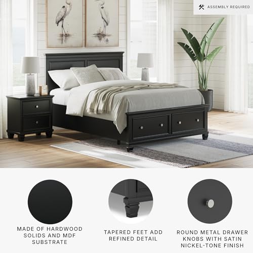Image of Signature Design by Ashley Queen Bed Frame with Storage, Black | Platform bed with extra-deep front drawers, Hardwood solids, birch veneer and MDF substrate construction, Lanolee Series