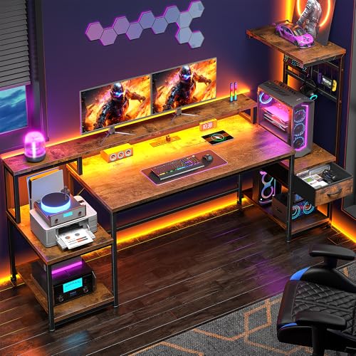 Image of DurayLoly 63 inch Computer Desk with LED Lights & Outlets,Office Desk with Drawers & Monitor Stand,Gaming Desk with 3 Storage Shelves, Hooks& Printer Space for Game&Study Room,Home Office,Bedroom,Brown