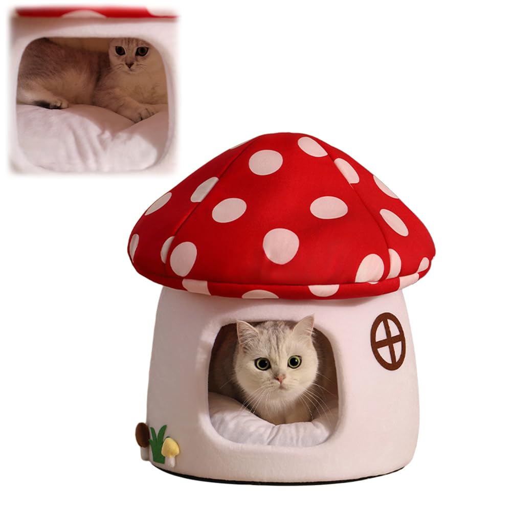 GKWW Cute Cat Bed Cave for Indoor Highland Mushroom Shaped Pet Plush House Self-Warming Nest Small Dogs Rabbits with Removable Cushion for Puppy Bed with Hanging Toy (Red Mushroom)