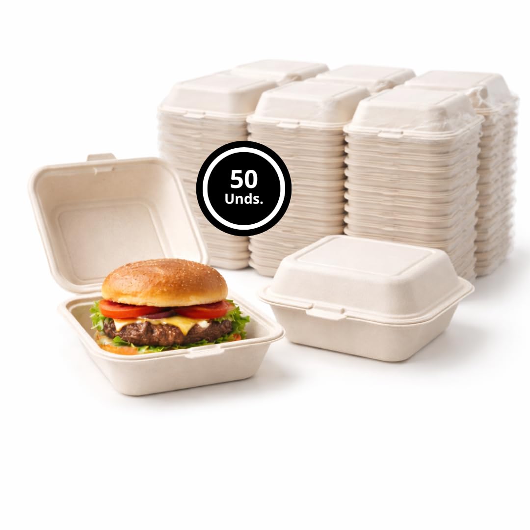 Envases Desechables para Alimentos 500 ml Pack 50 Unidades | Tupper Desechables Biodegradables con Tapa 152x152 mm | Cajas Comida para Llevar Aptas Microondas y Horno (50)