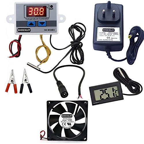 Image of Shockley XH-W3001-50 to 110c Intelligent Digital Thermostat Temperature Controller Combo XH-W3001 220v + 12V 2AMP Adapter + Fan + Alligator Clips + DC Female Jack + Thermometer TPM - 10