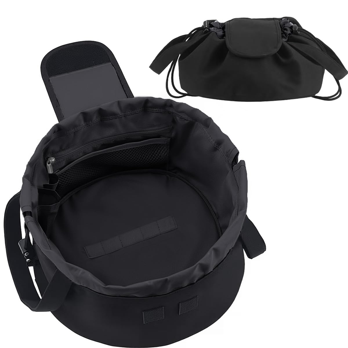 Lay Flat Drawstring Makeup Bag,Travel Cosmetic Organizer for Women,Large Capacity Toiletry Bag,Portable Open-Flat Design for Skincare and Makeup Brushes (Black)