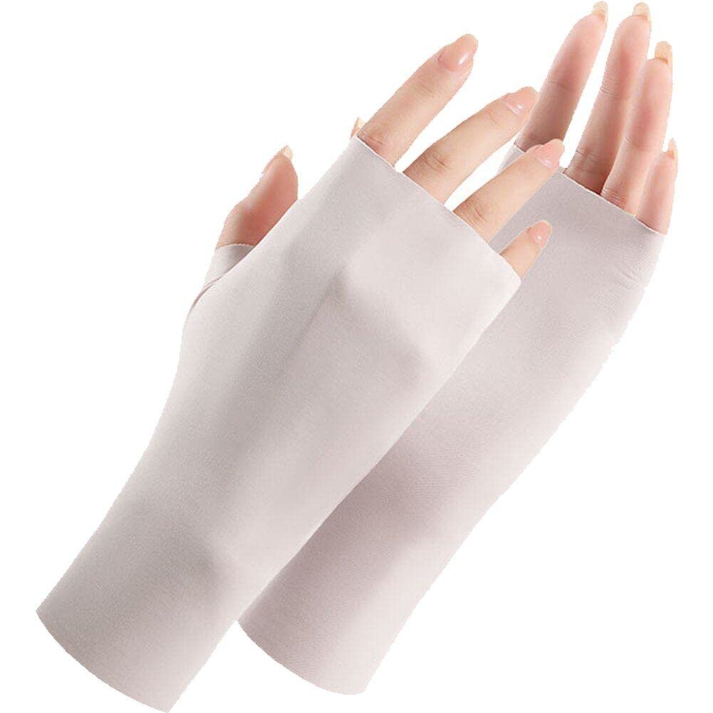 Ericetion Women's Beige Anti-Uv Fingerless Gloves, Breathable Ice Silk Sun Protection Mittens For Summer