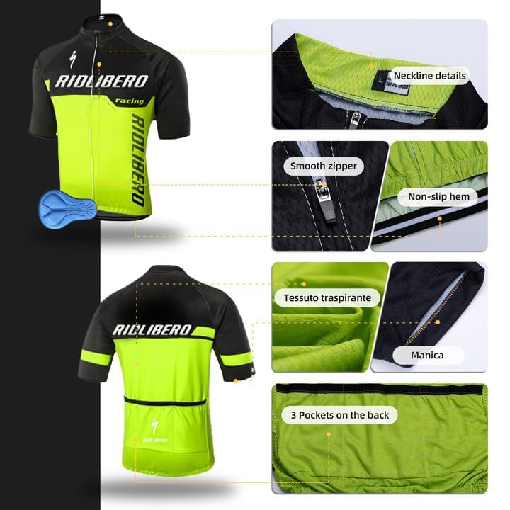 VeloZenith Abbigliamento Ciclismo da Uomo Estiva,Maglia Manica Corta Con 3 Tasche+3D Gel Pantaloncini,Traspirante Sportivo Ciclismo Moda Set per Mountain Bike Tuta MTB
