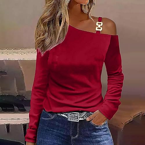 Womens Long Sleeve T Shirts One Shoulder Off Fashion Tops Casual Spring Fall Blouses French Solid Tuinc Clothes2