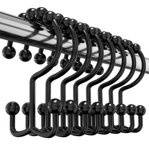 utopia bedding double glide roller shower curtain hooks, double sided rings, rust proof shower curtain hooks, black