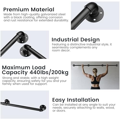 Industrial Pipe Stair Handrail, Wall-Mounted Metal Hand Rail for Indoor & Outdoor Steps, Black Galvanized Iron, Vintage Farmhouse Style, Heavy Duty Support for Stairs & Porch (Black, 7ft) by VZNEK - Image 5