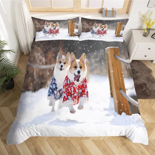 Housse de couette 160x200 corgi avec parure de lit 3 pièces en microfibre douce